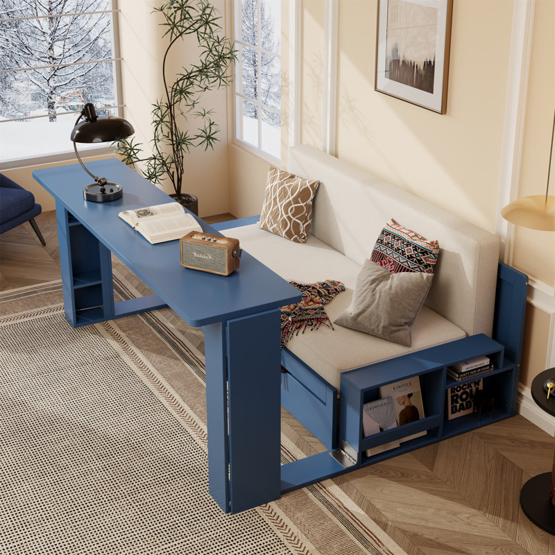 Lit de jour avec bureau amovible, Bleu, Grand lit
