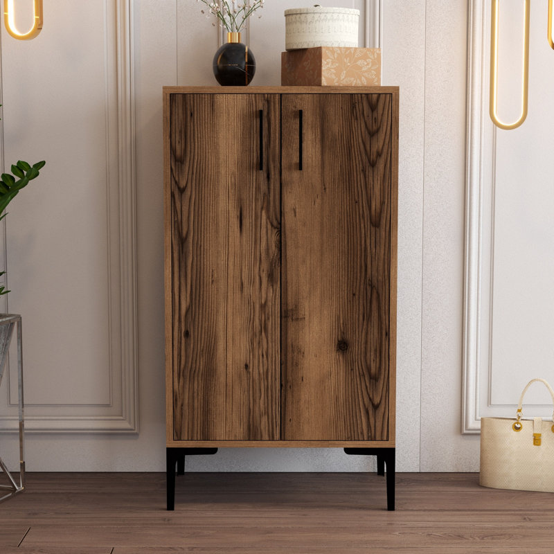 Modern Shoe Cabinet in Walnut Color, 23.6 x 43.7 x 13.8 inches | 100% Melamine Coated Particle Board, Thickness: 0.7 inches | Metal Legs, Plastic Handle | Numerous Shelves, Wall-Mountable, Industrial Design for Entryway
