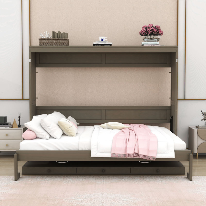 Lit escamotable en bois avec coiffeuse intégrée et 2 tiroirs, Gris patiné