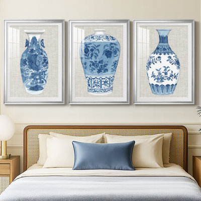 Vase Ming sur lin I - Impression sur mesure encadrée de qualité supérieure - 3 pièces