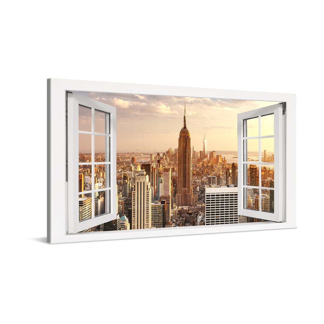 Leinwandbild Manhattan Empire State Building Fenster 100X75cm – Premium Leinwanddruck – Kunstdruck Auf 2Cm Holz-Keilrahm...