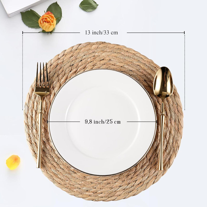 Ensemble de 8 napperons ronds tissés en jacinthe d'eau naturelle Ensemble de 8 napperons en rotin tressé Boho, 13 po x 13 po