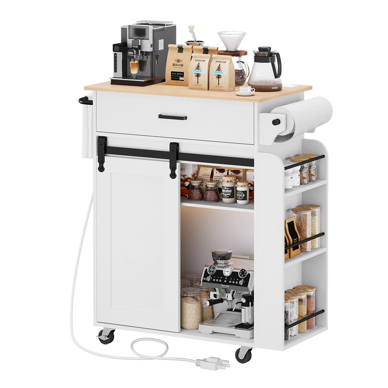  Farmhouse 31.5"W Kitchen Island Ralling Kitchen Cart with Storage and Charging Station, White