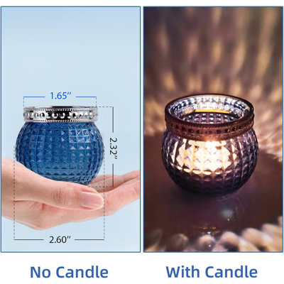 Set of 12 Diamond Cut Embossed Glass Votive Candle Holders with Silver Metal Trim, Small Tealight Holders for Wedding Table Centerpiece & Home Decor