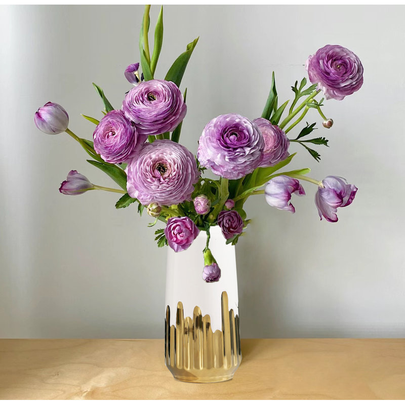 Vase à fleurs en céramique, vase blanc et or, Hauteur totale - 9,60 po