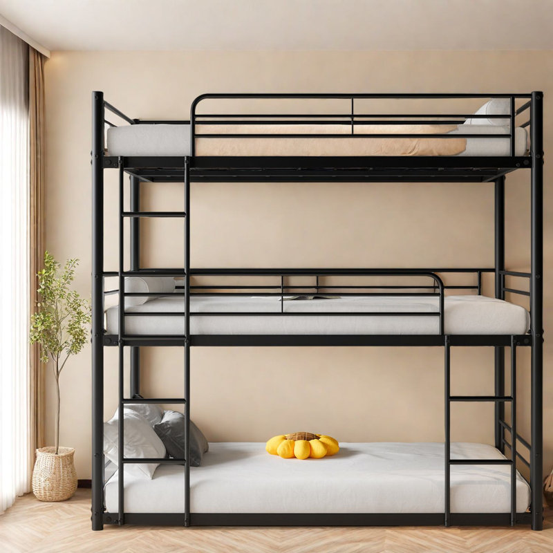 Triple lit superposé en métal robuste, peu encombrant pour la famille et le dortoir