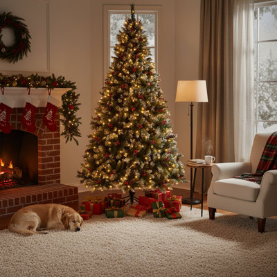 Arbre de Noël illuminé 9 pi, arbre artificiel pré-décoré avec pointes givrées, pommes de pin, baies, base en métal pour bureau de fêtes