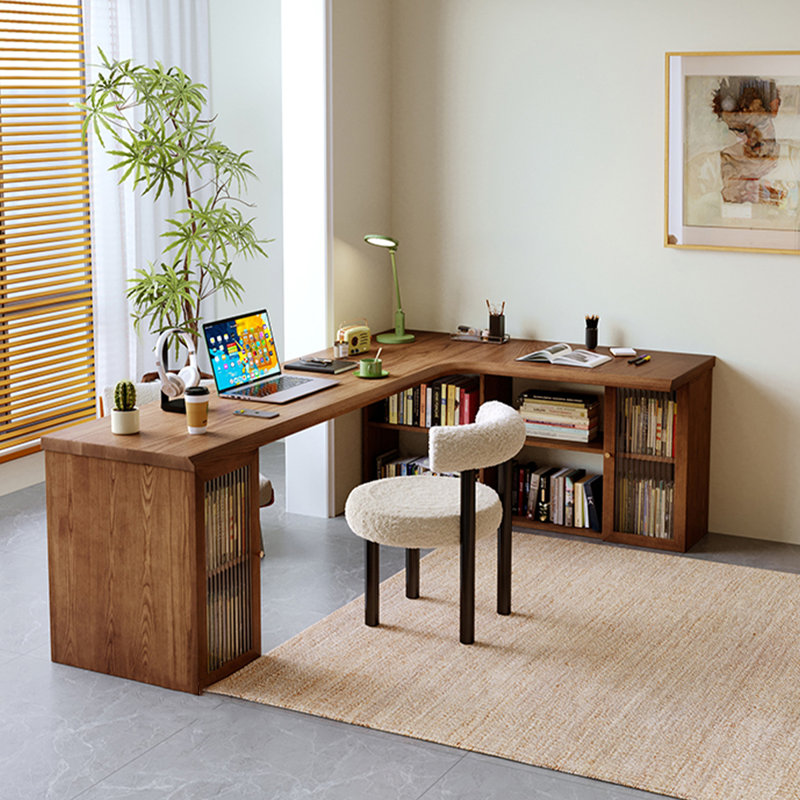 Nut-brown L-Shaped Solid Wood  desk, Right Hand Return, 29.53" H x 70.87" W x 39.37" D