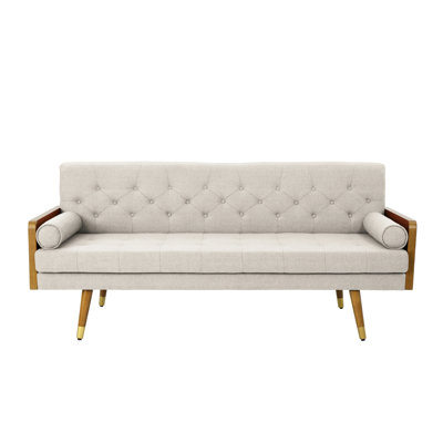 Beige Mid Century Modern With Tufting - Fabric Upholstery, Diamond & Waffle Stitching, Splayed Legs Gold Accents, 30.5"d X 74.06"w 33.12"h In Button , Stitched Seating, Legs,
