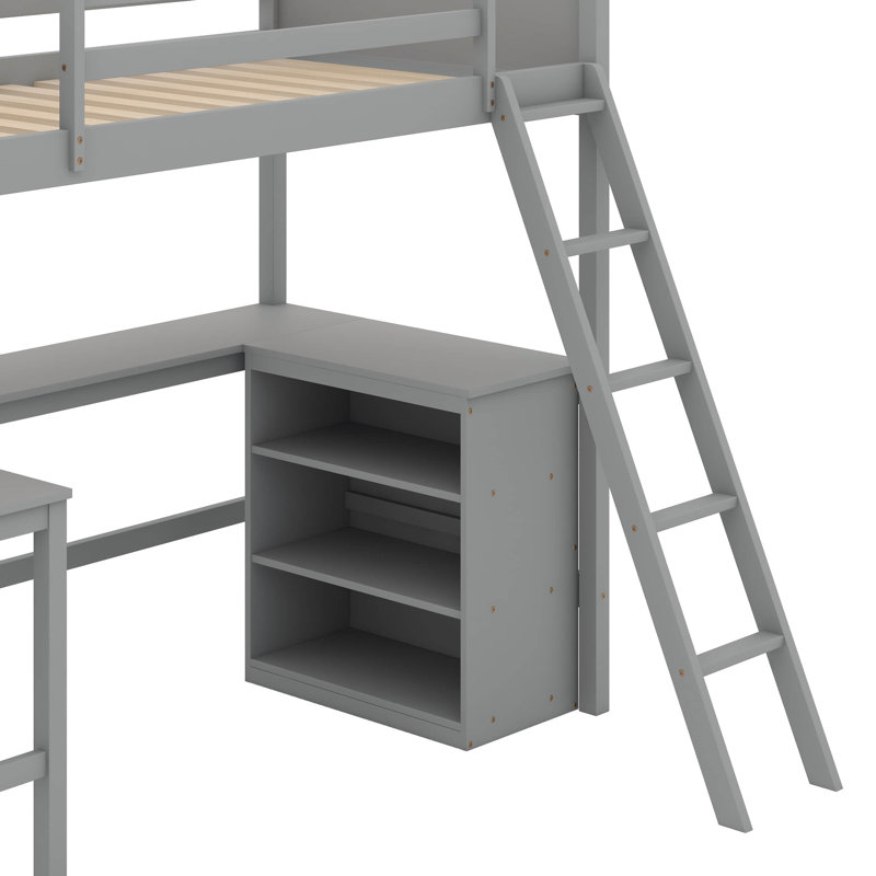 Lit mezzanine simple avec tablettes et bureau, Gris