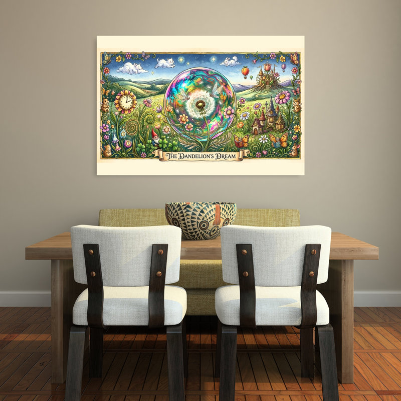 The Dandelion'S Dream Colorful Playful Vibrant Butterfly Cat Dandelion Flower Landscape Wall Art Print by Katie Towers - Wrapped Canvas Print