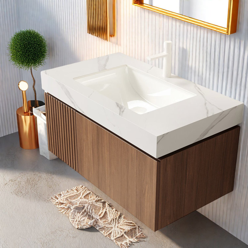 Meuble-lavabo spacieux avec rangement, armoire en chêne brun et lavabo de Carrare, style moderne