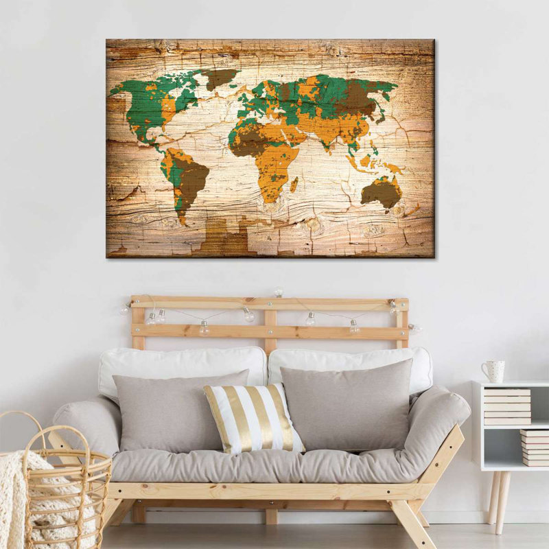 Carte du monde en bois safari sur toile, H 30 po x l 45 po x P 1,25 po