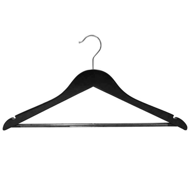 Mawa Wooden Hanger with Pant Bar and Shoulder Notch, Bodyform, Set of 5, Soft Matte Finish, Black, Black