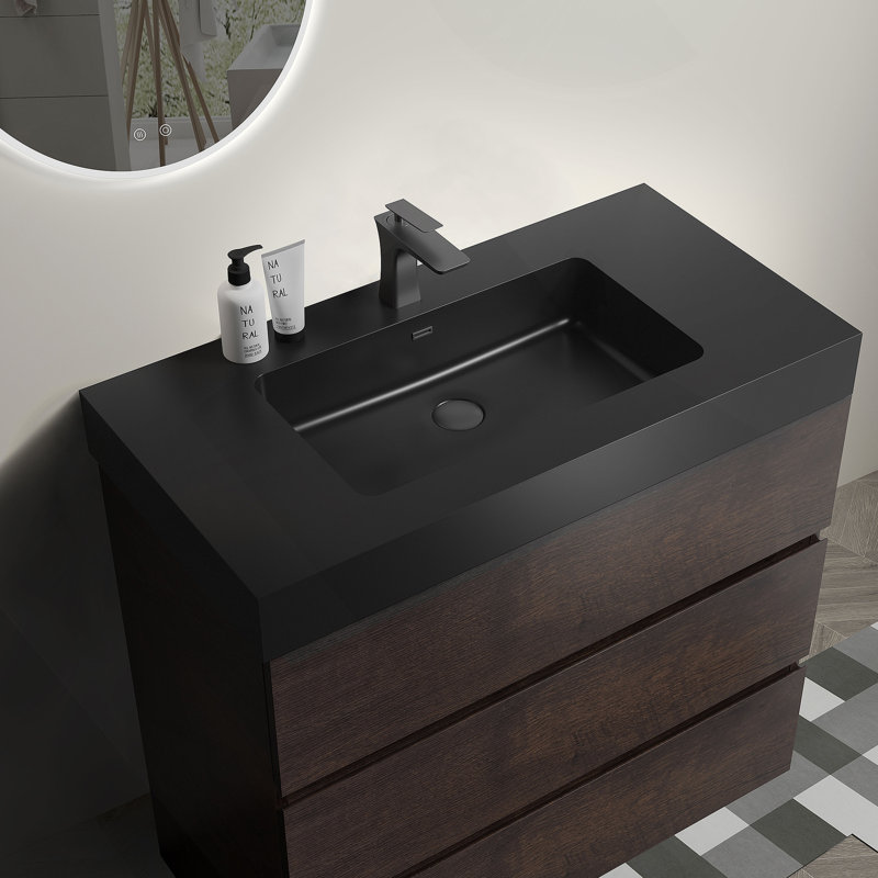 Meuble-lavabo autoportant avec grand lavabo et rangement, Noyer, Noir, 36"