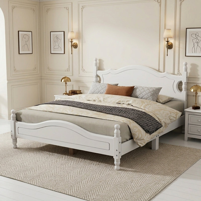 Lit plateforme rétro en bois avec lattes, Blanc, Grand lit