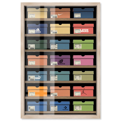 Shoeboxes on Shelves Shadowbox Print Sneaker Wall Art by Art Remedy, Blonde Frame, 25 x 37