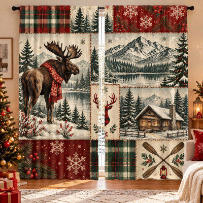 2Pcs Moose and Cabin Patchwork Curtains, Vintage Winter Scene Print, Decorative Holiday Style, Light Filtering, Privacy Protection, Rod Pocket, Machine Washable, Suitable for Living Room, Bedroom, Home Decoration, Decor