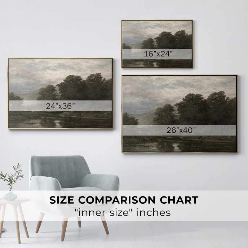 Paysage rétro-CDLxx, Toile avec cadre flottant or, H 27 po x l 41 po x P 2 po