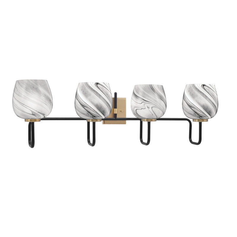 Barre d'éclairage de salle de bain 4 lumières Amarmula, noir mat et laiton vieilli, verre tourbillon onyx 6 po, Noir/laiton