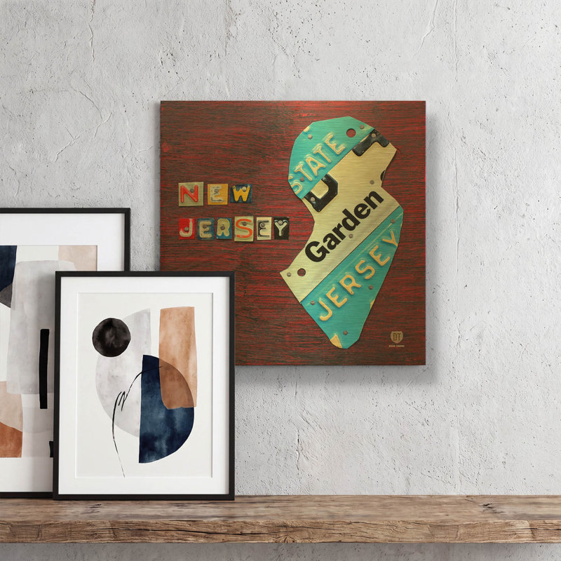 «New Jersey Licence Plate Map» par Design Turnpike, art mural en métal doré, 12 po x 12 po, 12"x12"