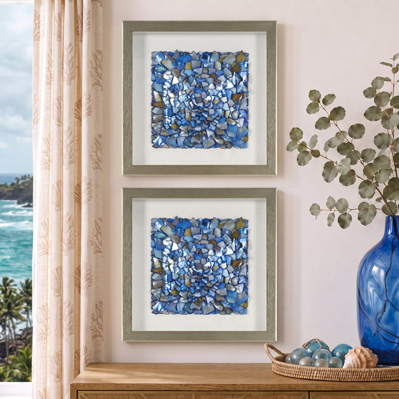 Coryell Blue Seashell Mosaic Wall Art Set with Champagne Frame - Handcrafted 2 Piece Square Coastal Wall Decor