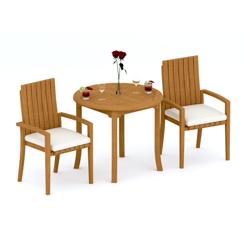2 Seats 3 Pcs Grade-A Teak Wood Dining Set: 36" Round Table And 2 Goa Stackng Arm Chairs #11GO0702, 2
