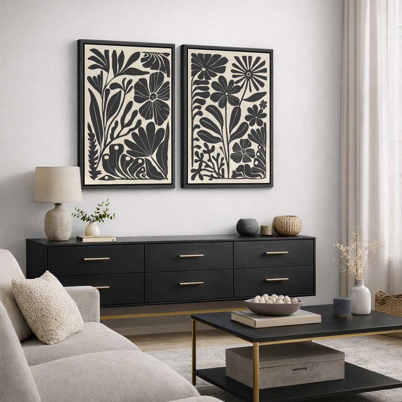 Abstrait botanique, "Boho, art floral noir et beige, images murales abstraites de style Mid-Century, impression sur toile encadrée, 2 pièces"