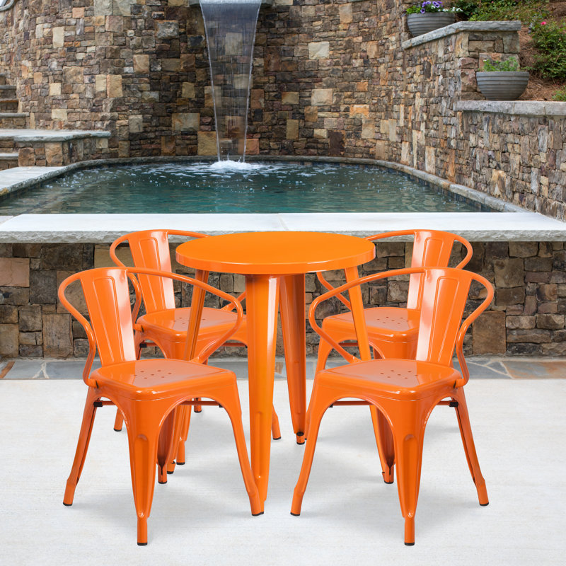 Cordele 24'' Round Metal Indoor-Outdoor Table Set with 4 Arm Chairs, Orange, 29" H x 24" W x 24" L