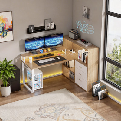 Jaemon L-Shaped Desk with LED Lights and 3 Drawers