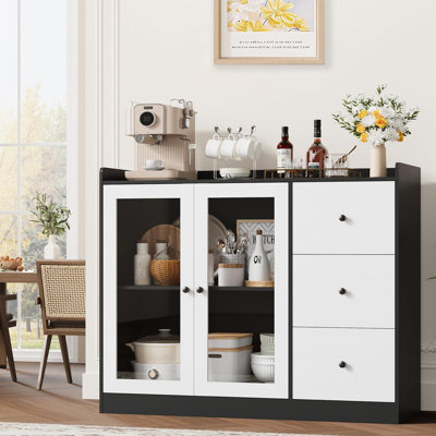 Storage Cabinet With Glass Doors And Shelves, 43" Coffee Bar Cabinet With 3 Drawers,Sideboard Buffet Cabinet With Storage,Buffet Table For Kitchen, En by Ebern Designs