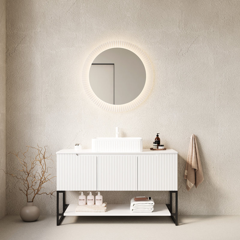 Meuble-lavabo 48 po avec lavabo en céramique blanche, comptoir en pierre frittée, armoire de rangement à 3 portes et tablette ouverte pour rénovation