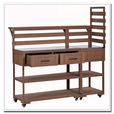 62.3'' Patio Kitchen Island Solid Wood Kitchen Cart with Stainless Table Top