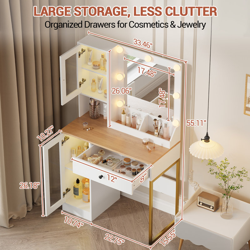 Dressing Table with Mirror, White/Oak