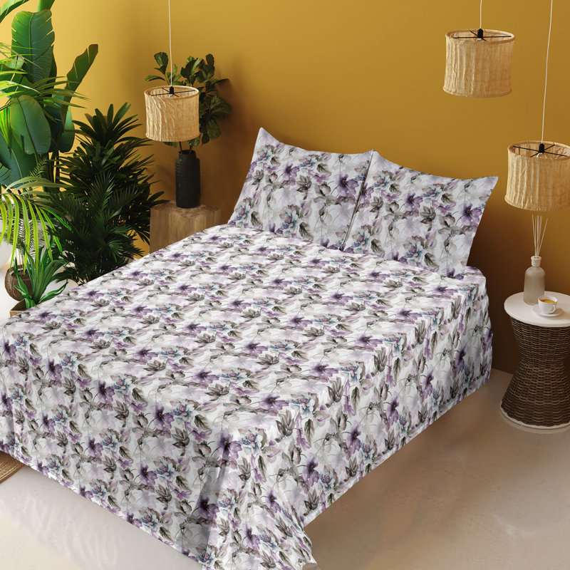Ambesonne Floral Sheet Set Pattern of Blooming Flowers Lilac White and Slate Brown, King Sheet Set with 2 Pillowcases