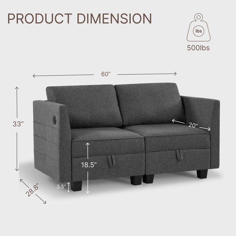 Storage Modular Sofa With USB & Type C, Dark Gray