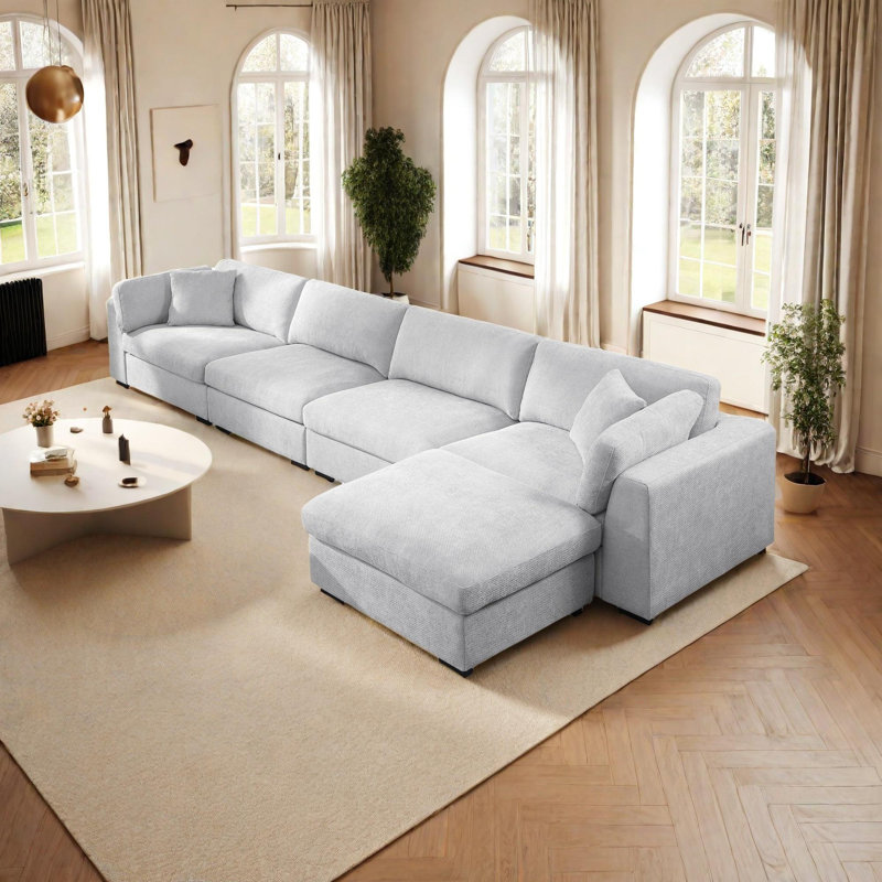 Oversized Modular Silod Wood Sectional With Ottoman, Light Gray Polyester Blend