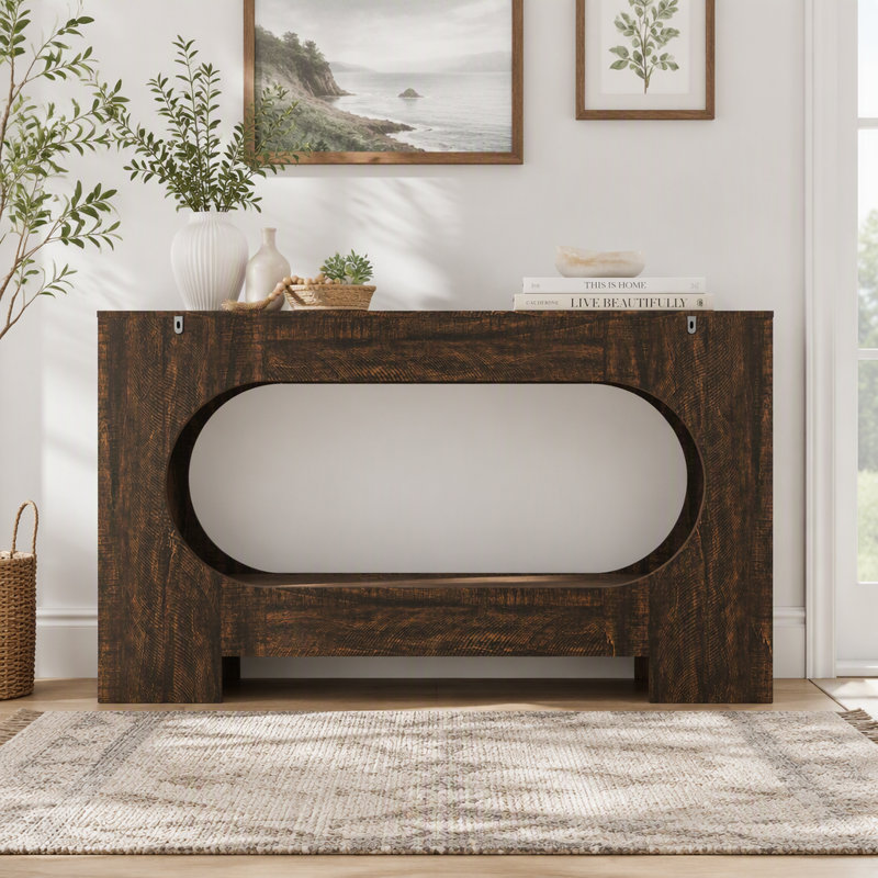 Console étroite avec tiroir et découpe creuse, maison de campagne moderne, Noyer