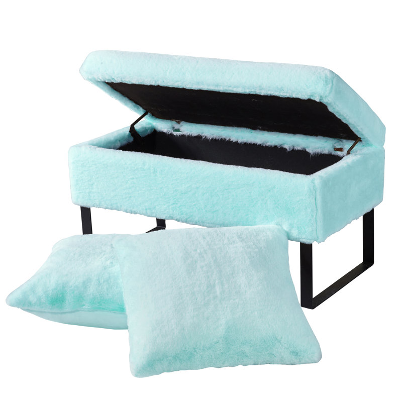 Lovitto Upholstered Ottoman, Bleached Aqua Faux Fur