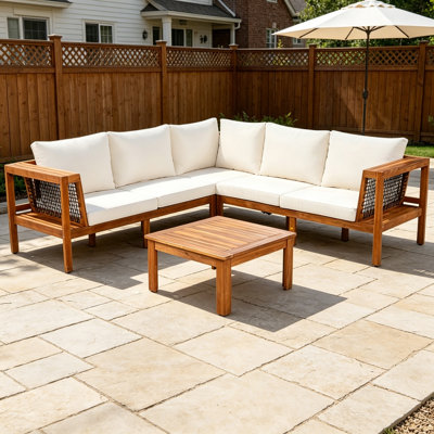 4 Pieces Outdoor Acacia Wood Sofa Set, Woven Mesh Armrests, L-Shaped Patio Furniture Sofa Set with Coffee Table, Outdoor Conversation Set with Cushions and Side Table