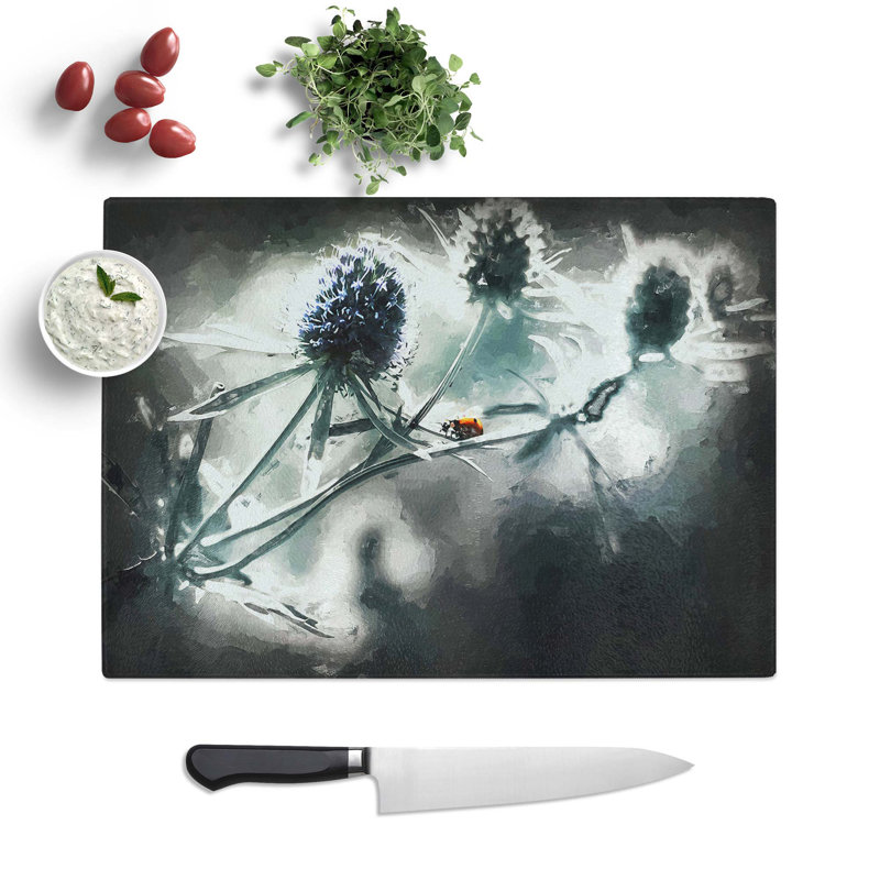 Glass Ladybird Upon A Thistle Flower in Abstract Chopping Board, 28.5 cm W x 20 cm L