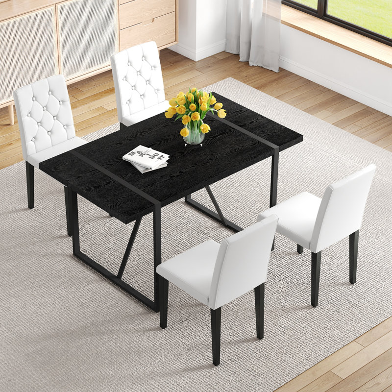 Ensemble de table de salle à manger 5 pièces avec table rectangulaire et chaises à dossier capitonné à 4 boutons, Blanc