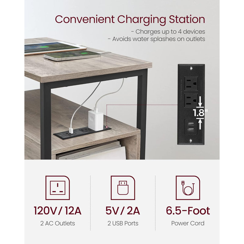 Side Table with Charging Station, Narrow End Table with 2 Drawers, Slim Nightstand and Bedside Table with Storage, for Small Spaces, Greige + Black