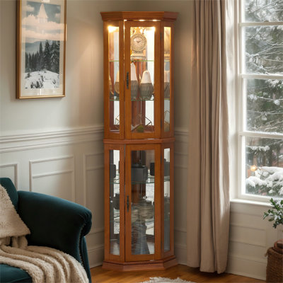Corner Curio Cabinet with Light Bulb, Tempered Glass Doors, Floor Standing Glass Display Cage with Tempered Glass Shelves, Wine Cabinet Storage Rack for Bar and Liquor Storage