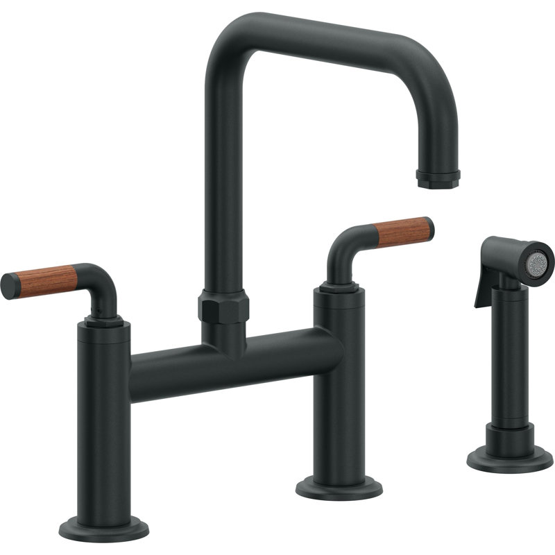 Descanso Side Spray Kitchen Faucet, Carbon, With Side Spray, Teak Lever Handle