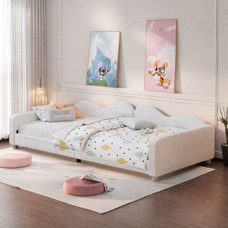 Daybed Upholstered Elegant Daybed With Cloud-shaped Backrest And Two Armrests, White