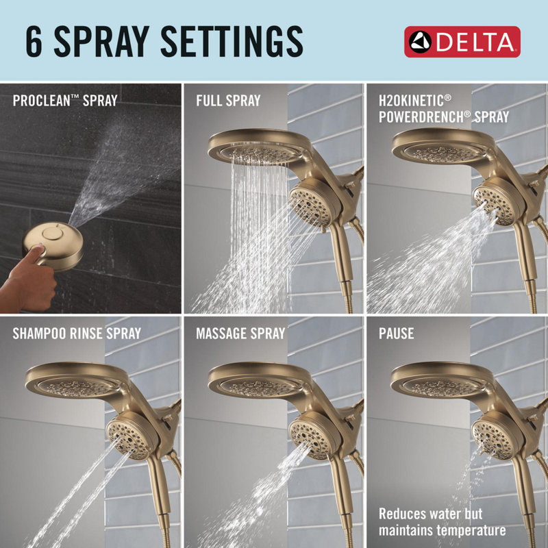 6-Setting HydroRain 2-in-1 Dual Shower Head with ProClean Spray, 1.75 GPM, Lumicoat  Champagne Bronze