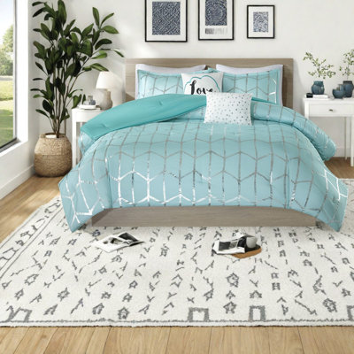 Ensemble de literie de confort moderne turquoise et argent, microfibre hypoallergénique au design métallique élégant