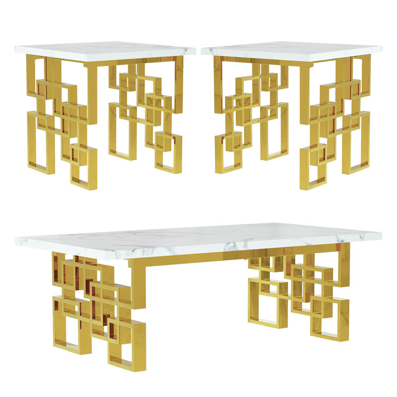 White and Gold Geometric Base Living Room Table Set, 3 Pieces