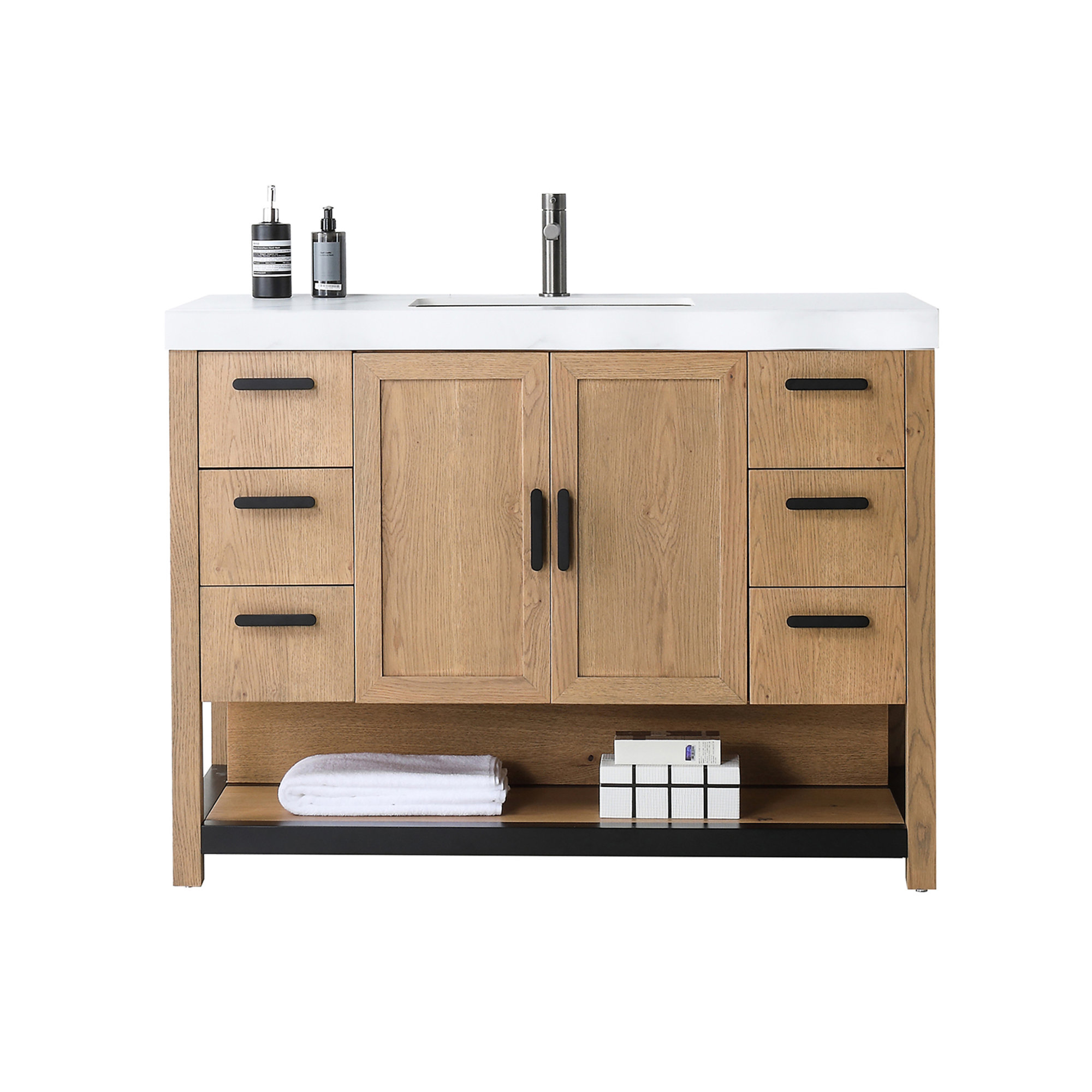 Willard 48" Veneer Plywood Bathroom Vanity with Engineered Quartz Top, White, Pecan Oak